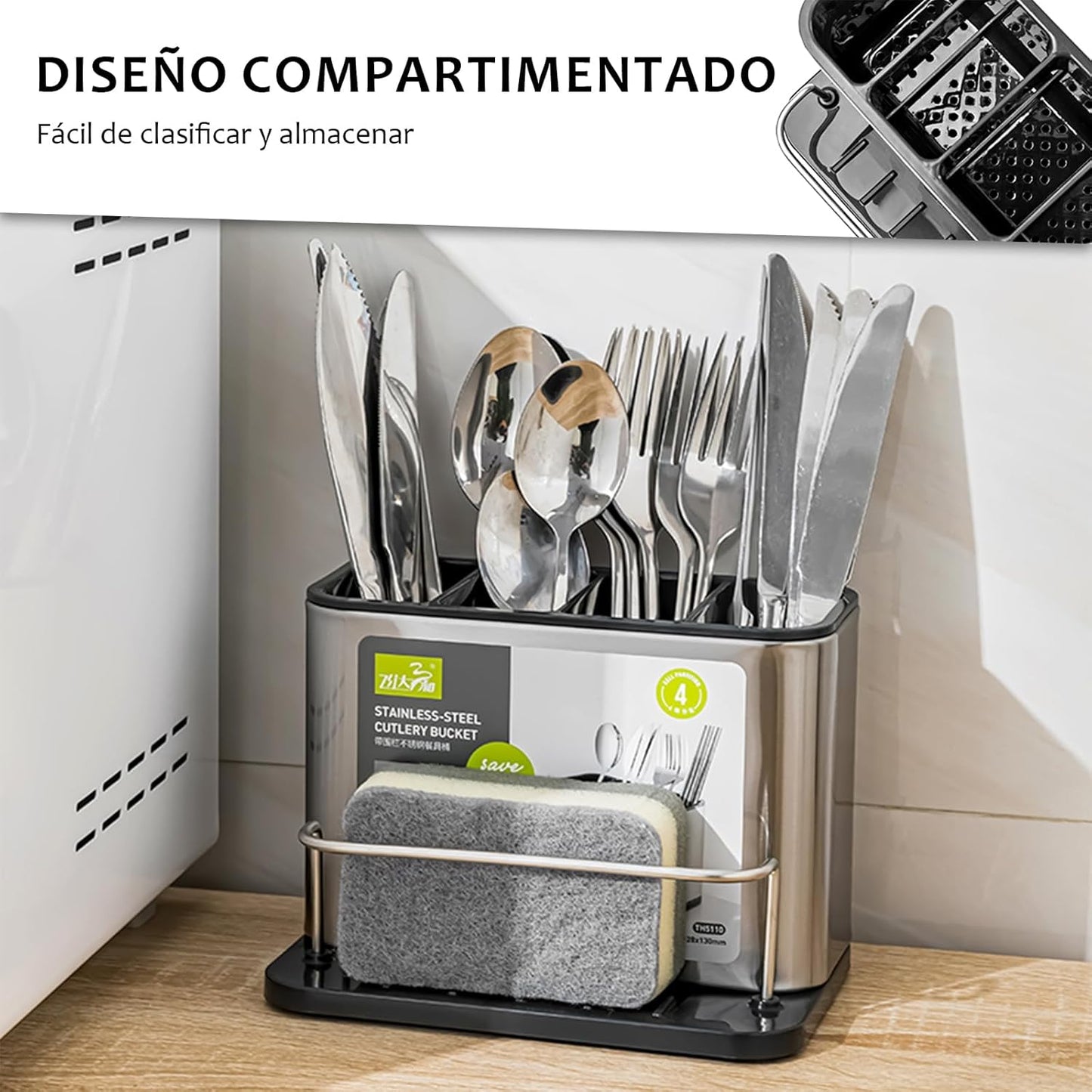 Dispensador de lavavajilla + Porta cubiertos de acero inoxidable | 4 productos en 1 | + REGALOS
