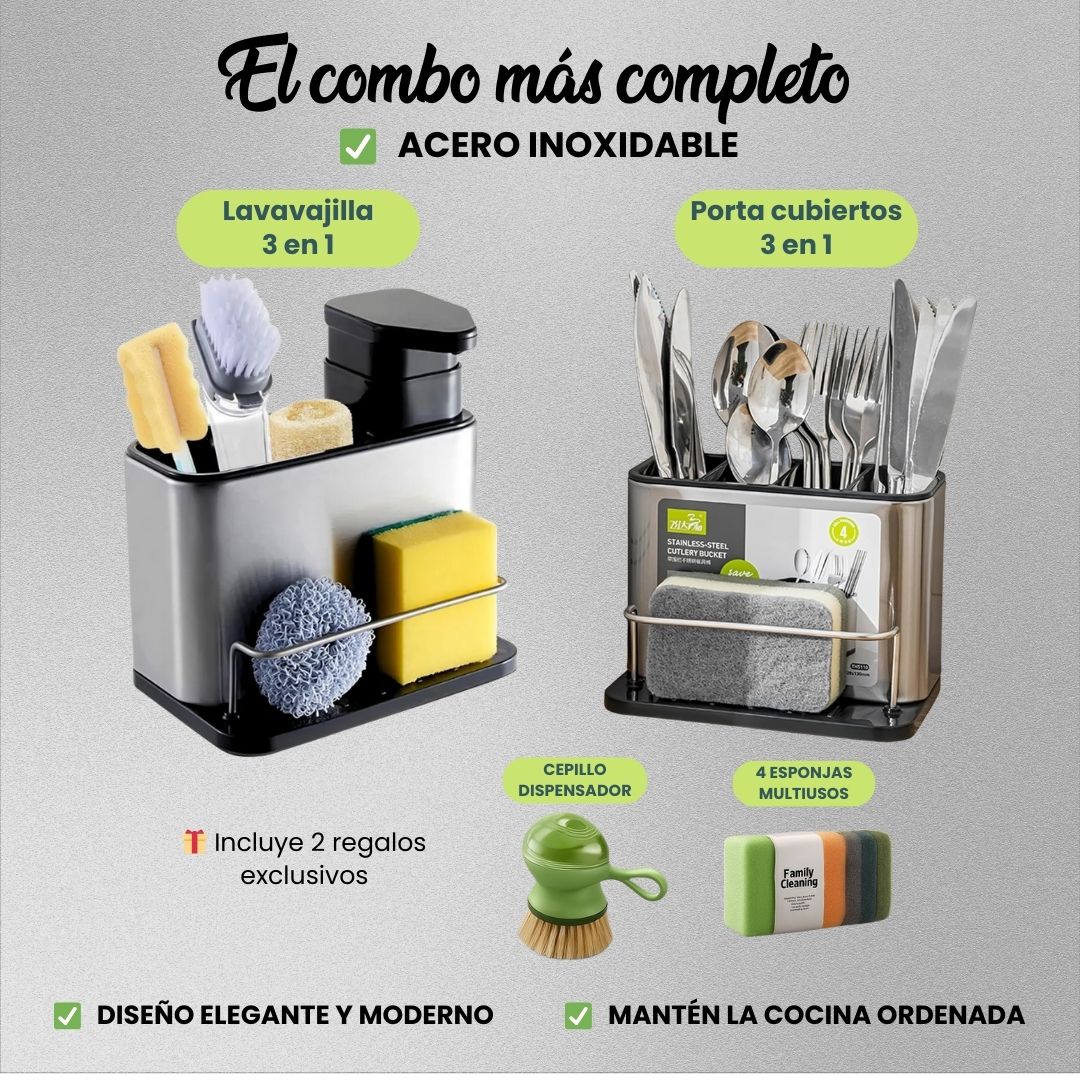 Dispensador de lavavajilla + Porta cubiertos de acero inoxidable | 4 productos en 1 | + REGALOS