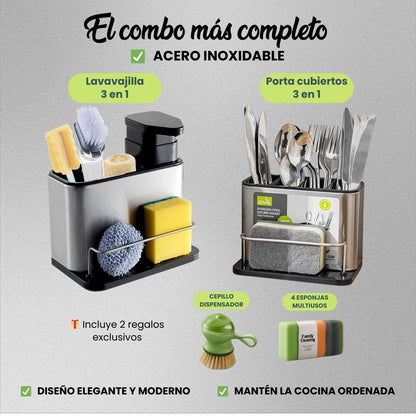 Dispensador de lavavajilla + Porta cubiertos de acero inoxidable | 4 productos en 1 | + REGALOS