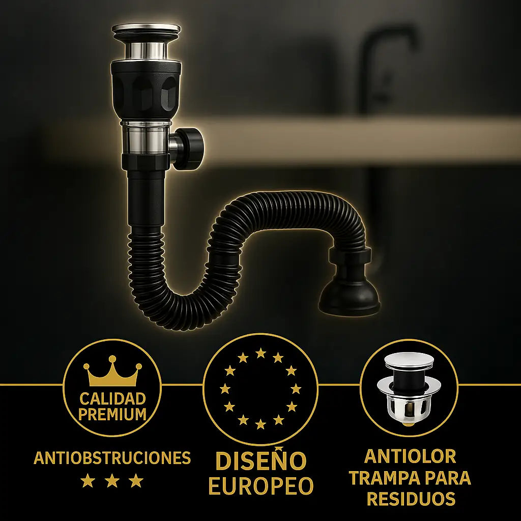KIT Drenaje Flexible TAMAÑO UNIVERSAL para lavaderos de cocina y baño - Anti Olor y cesta antiresiduos