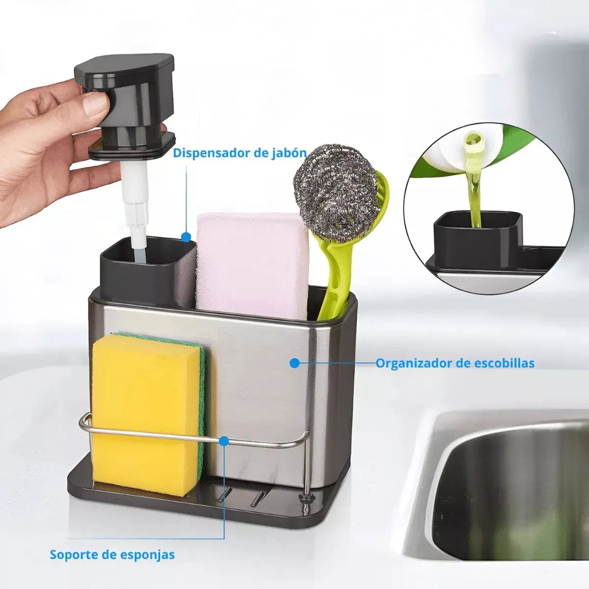 Dispensador de lavavajilla + Porta cubiertos de acero inoxidable | 4 productos en 1 | + REGALOS